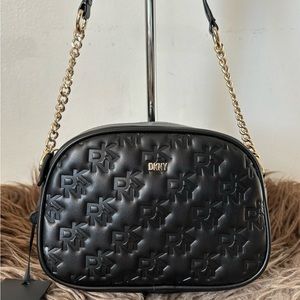 DKNY Bag Sharon Camera Crossbody - Black Faux Leather Emboss Monogram Logo NWT